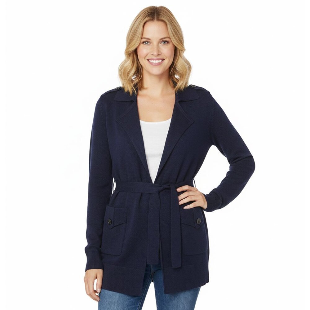 Banana Republic Merino Wool Belted Sweater Navy Blue Cardigan Open Tie Waist